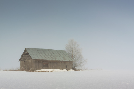 The mist covered the fields and the barns on a cold morning in early spring at the rural Finland.の写真素材