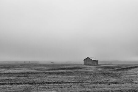 The heavy summer fog coverst the fields and the barn houses at the rural Finland.の写真素材