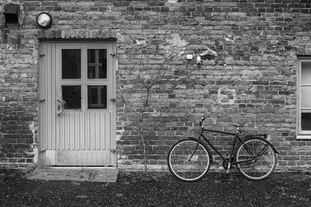 A black bike has been parked by a brick wall and a blue door. A young tree grows by the door.の写真素材