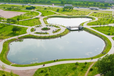 St. Petersburg, the park by the lake and the bridgeの写真素材