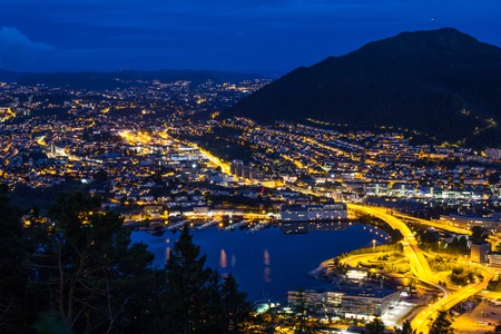 White Night of Bergen from view point Floyen, panoramic view, Bergen, Norway at sunset.の写真素材