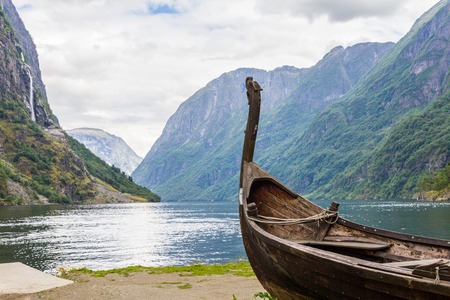 Beautifull view of Viking drakkar at the end of the Sognefjord between Flam and Gudvangen in Norway.の写真素材