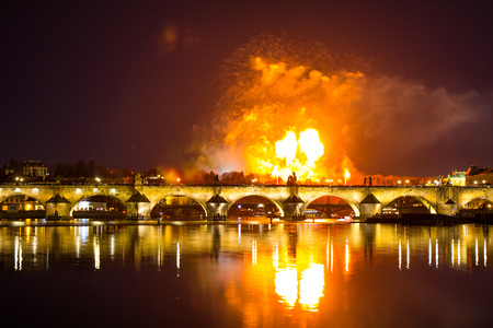 beautiful view on Colorful fireworks over Charles bridge and the river Vltava. The historical center of Prague. The Czech Republic 2018 New year.の写真素材