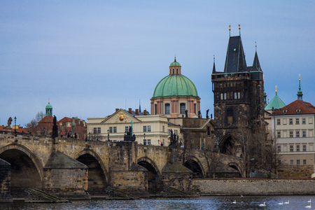 Pedestrians only Charles Bridge a.k.a. Stone Bridge, Kamenny most, Prague Bridge, Prazhski most over Vltava river in Prague, Czech Republic.の写真素材