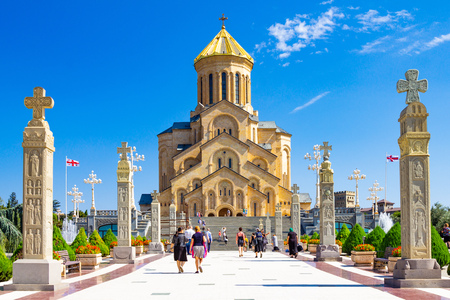 Main view with the stair case and cross pillars columns to Tbilisi Sameba Cathedral Tsminda Holy...