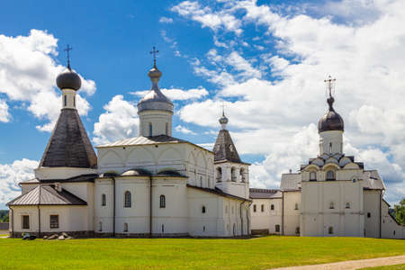 Panaramic view to ancient Ferapontov Belozersky male monastery of XV century. Complex of temples Located on the shore of the Borodaevsky Lake. Russian Orthodox Church. Kirillov. Vologda Region. Russiaの写真素材