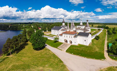 Aerial Panaramic view to Ferapontov Belozersky male monastery of XV century. Complex of temples...