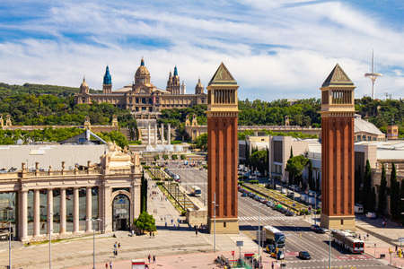 Barcelona, Catalonia, Spain - 26 JUlY 2019: Aerial rooftop view of Placa dEspanya or Plaza de Espana, Spanish Square and Fountain Of Montjuic in summer sunny day. National Museum of Art on backgroundのeditorial素材