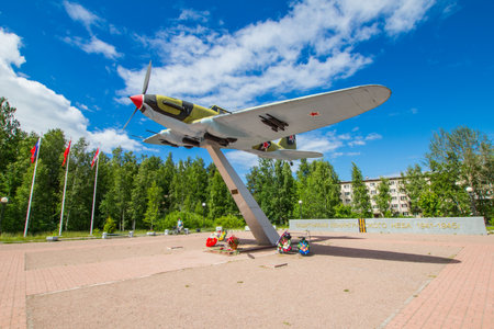 LEBYAZHYE, RUSSIA - JULY 2, 2017: View of attack aircraft Soviet Il-2. Inscription on monument...