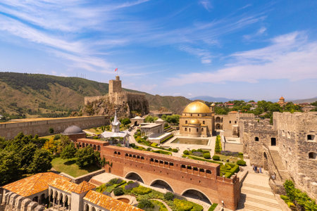 Aerial view of medieval castle complex Rabati in Akhaltsikhe. Restored fortress Rabat with tower on rock. Old ruin famous georgian touristic places. ancient Lomisa built in IX century. Georgia, Europeの写真素材