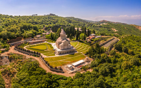 Aerial top view of the Bodbe Monastery architectural complex of St. Nino. View from above to church,...