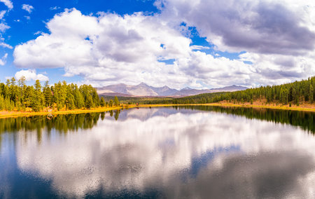 Aerial top view of Kidelyu lake near the Ulagan mountain pass. Beautiful landscape Alps from a...