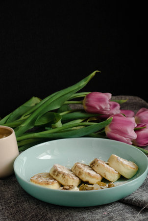 Cheesecakes and morning coffee for breakfast.の写真素材