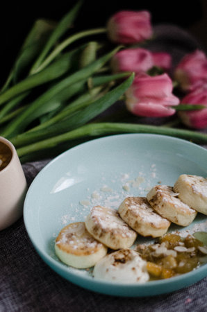 Cheesecakes and morning coffee for breakfast.の写真素材