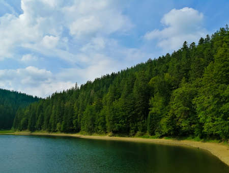 Gray mountain lake Synevyr in Transcarpathiaの写真素材