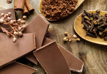 Broken chocolate on the table with cloves and cocoa