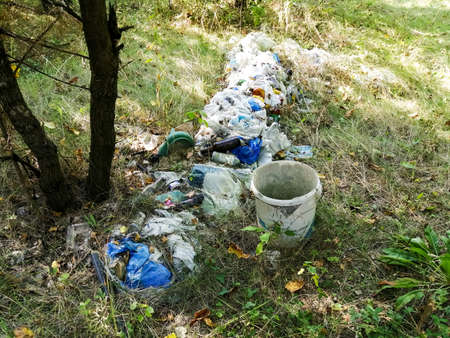 In the forest throw out garbage - damage to the environmentの写真素材