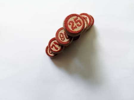 Barrels of Russian lotto stand on a white background pyramidの写真素材