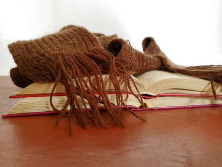 On open books is a knitted scarfの写真素材