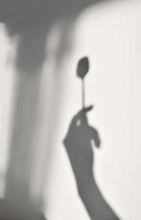Spoon in hand. A photograph of a shadow on a white wall in sunlight. No focus.の写真素材