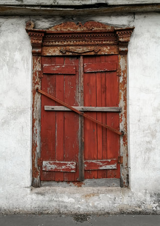 The old window is closed. Old wooden window sashes. Peeling red paint.の写真素材
