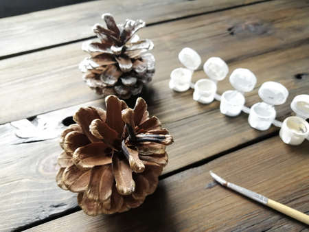Snow-covered cones with their own hands. Homemade crafts in winter. Cones on a wooden table along with a brush and paints. Crafts with children.の写真素材