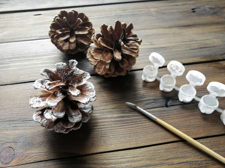 Snow-covered cones with their own hands. Homemade crafts in winter. Cones on a wooden table along with a brush and paints. Crafts with children.の写真素材