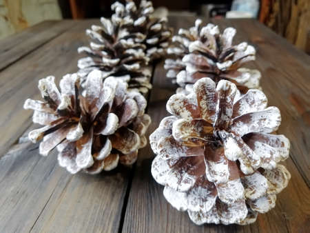Cones stained with white paint stand on the table. Christmas and New Year.の写真素材