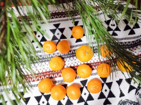 Bright tangerines on the mat under the Christmas tree. Christmas motif. Christmas and New Year 'Day.の写真素材