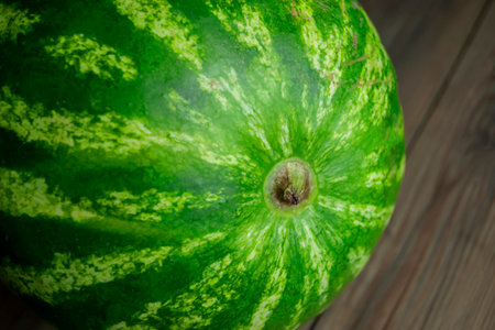 Part of the watermelon is visible when macro-photographed on the table. On the wooden table you can see part of a large green watermelon, a close shot.の写真素材