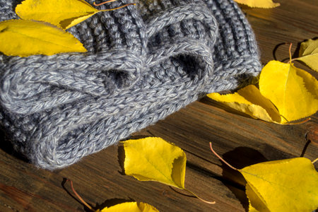 Blue scarf on a wooden board with yellow leaves. Autumn composition - scarf, fallen leaves and...