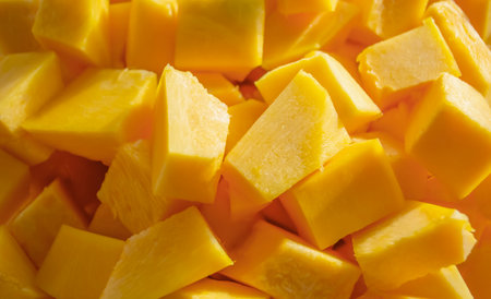 Orange pieces of pumpkin in the form of a background. Cubes of pumpkin near - background. Yellow pumpkin in pieces.の写真素材