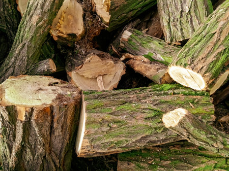 close-up of chopped firewood. winter firefighting. harvesting firewood for the winter. Lots of acacia firewood. Firewood is draped on the ground.の写真素材
