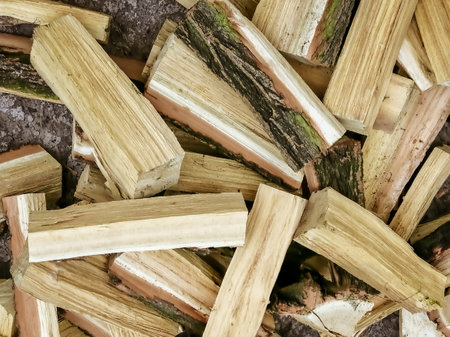 Chopped firewood. Firewood for heating the house. Acacia wood is a preparation of material for heating the house in winter. Fuel for winter.の写真素材