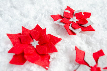 Christmas star made of felt on the snow of a peodelka with your own hands - a poinsettia made of red and gray felt. needlework for the holidays.の写真素材