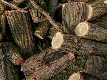 Piled up logs. Decks of wood for heating in winter. Log house for heating the house. A bunch of wood for firewood. Piled up firewood to heat the house in the winter.の写真素材
