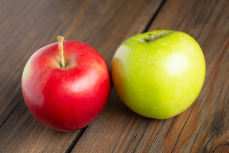 On a wooden board lies one red and one green apple. Red and green apple on a wooden table. Healthy fruits on the table.の写真素材