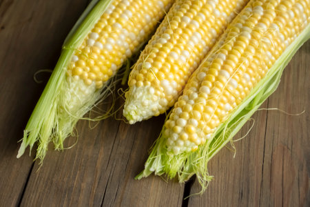 Three heads of corn lie on a wooden table. On a wooden background lie cobs of corn. fresh corn on the table - autumn gifts of nature. fresh vegetables.の写真素材