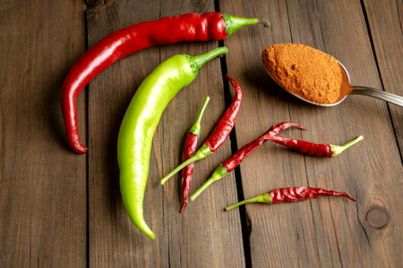 On a wooden table lies fresh hot peppers next to crushed chili powder in a spoon. Chopped hot peppers next to pods from the garden.の写真素材