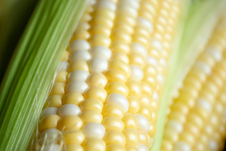 A young kuuruza close-up. Cob of corn with white and yellow grains. Corn heads macro photography.の写真素材