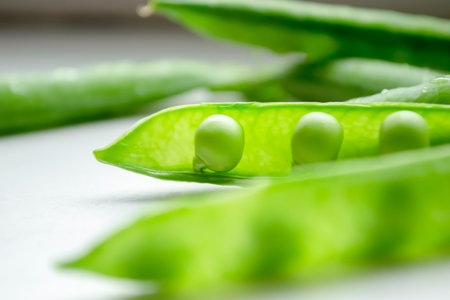Green pea pods with young beans. Green peas on the table. On a white background is an open pod of green peas.の写真素材