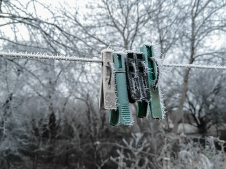 Clothing clothespin in frost on a clothesline outside in winter. clothespin in the ice on the street. in winter, the clothespin froze on the clothesline.の写真素材