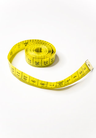 On the table is a long yellow ribbon with measurements for the seamstress. A yellow meter on a white background.の写真素材