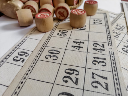 Board game lotto on a white background. Cards and barrels for playing lotto. Games for the whole family.の写真素材