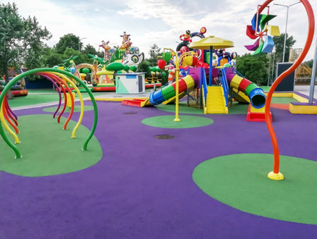 Children's playground with bright play complexes. lots of entertainment for children. Shroud for children in the park.の写真素材