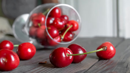 Red cherry berries are scattered on a wooden table. On a wooden board are red cherry berries. Cherries poured out of the glass. On a wooden table lies a bokkal with cherries, some crumbled.の写真素材