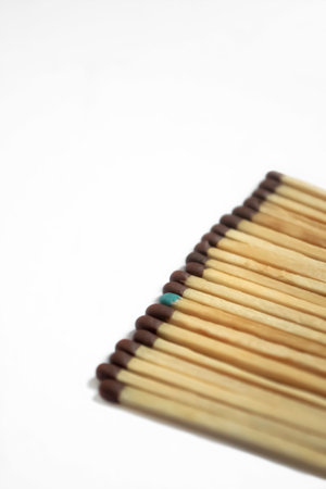 A row of dark matches and one blue. The only blue match in a row of browns. One bright match in a gray row. color selection - a horizontal photo with muted tones.の写真素材