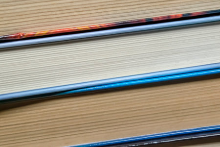 A stack of books on a dlervian table. A lot of books lie together. The books lie close to each other. Business and training - books for students.の写真素材