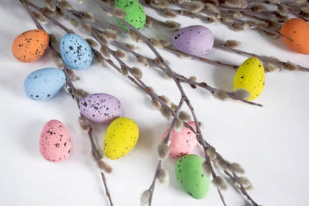 Colored eggs lie next to willow branches on a white background. Festive decor for Easter with quail eggs, Among the willow branches lie painted eggs for Easter.の写真素材