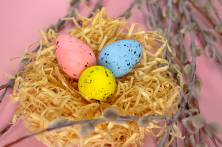 Painted eggs in a nest next to willow branches on a pink background. Beautiful decor of twigs, nests and colored eggs. Easter holiday - painted eggs in a nest on branches.の写真素材